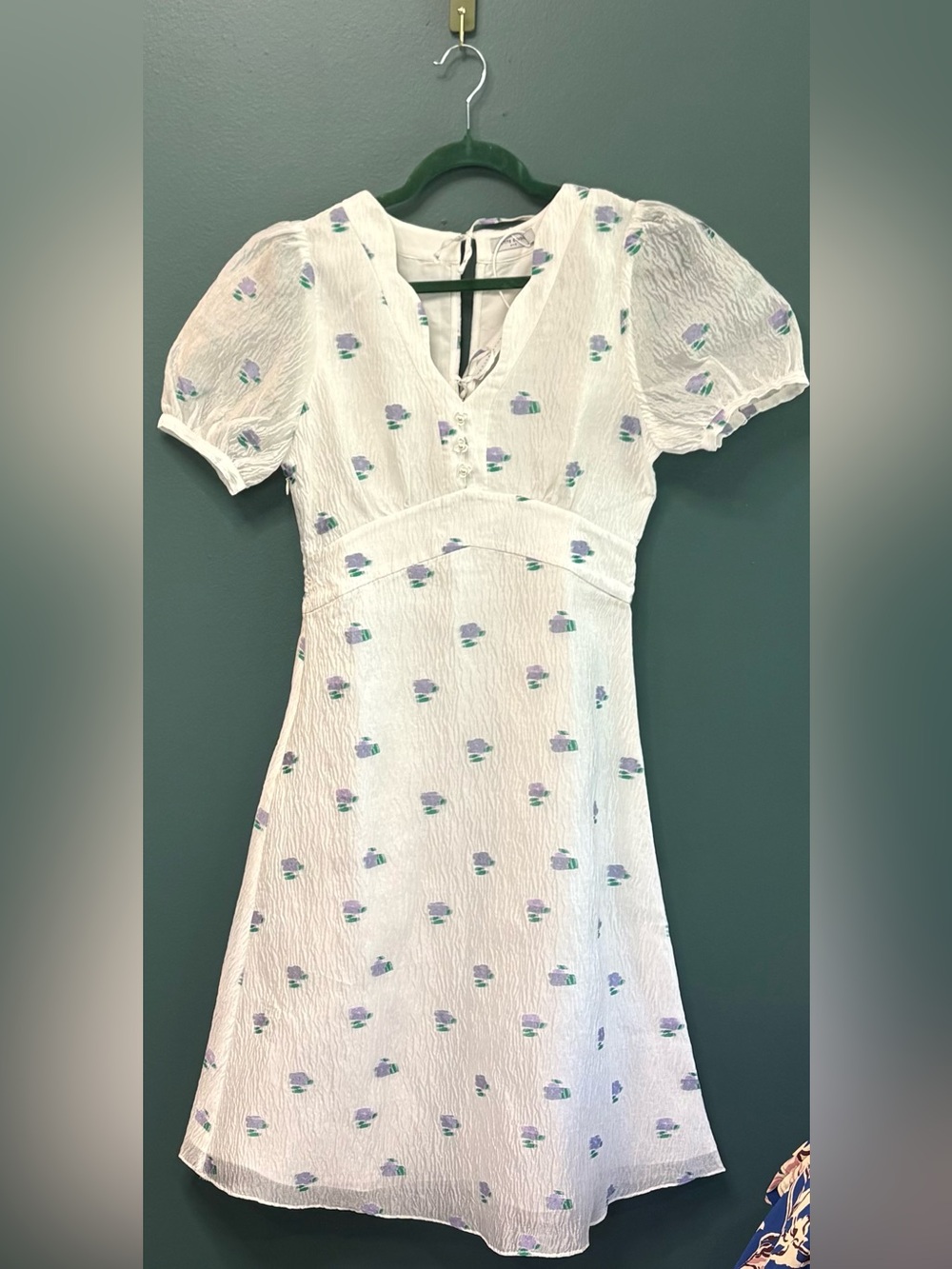 Petite Studio Reverie White Puff-Sleeve Dress with Lavender & Teal Floral Print